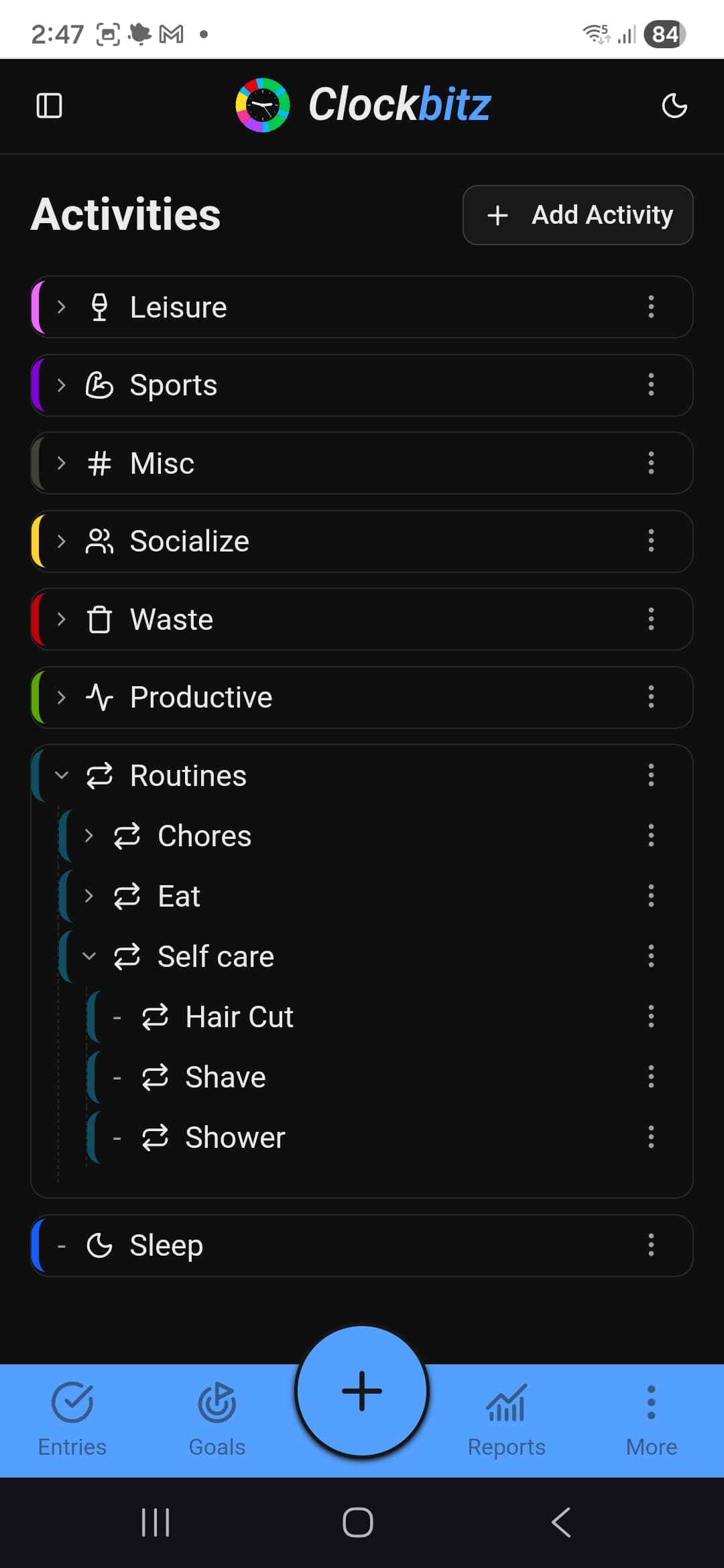 Activities list showing hierarchical organization of Work, Exercise, Sleep, and Leisure activities