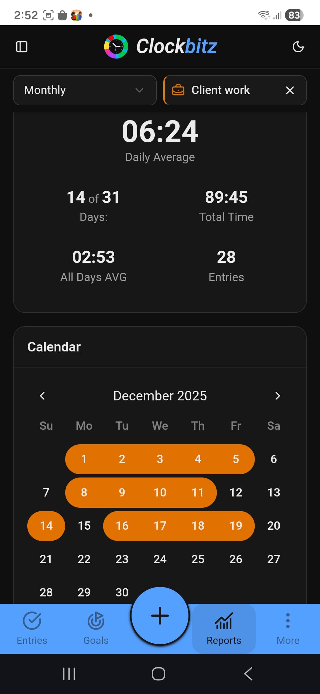 Calendar view highlighting days with logged activities and tracking streaks
